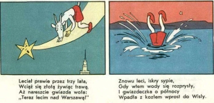 Powojenny komiks "Koziołek Matołek" przedstawiający w miejscu dawnej panoramy Warszawy, symbolicznie czubek Pałacu Kultury i Nauki