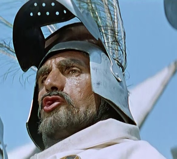 Kadr z filmu krzyżacy 1960. W kadrze widoczny jest Wienczesław Ter-Barsegow vel Pławiński jako rycerz Zakonu Krzyżackiego w bitwie pod Grunwaldem (15 lipca 1410 roku)) 